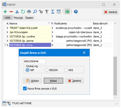 Korzystanie z bazy GUS - firmy - Instrukcja obsługi programu R2faktury,  R2fakturyPRO
