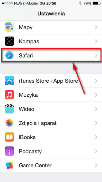 Wyłączanie cookies iPhone - wybierz Safari