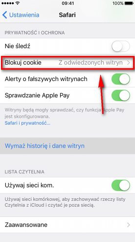 Wyłączanie cookies iPhone - wybierz Blokuj cookie